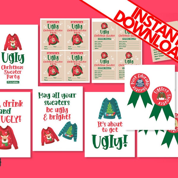 Printable UGLY SWEATER Christmas Party Pack | Invitations Awards Favors Decor | Holiday DIY Voting Ballot Cards