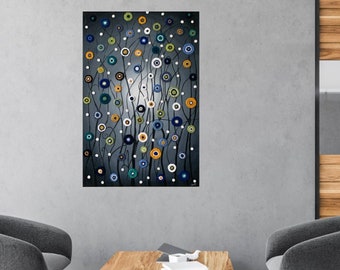 Abstract Circle Art, Gray Modern Art, Mixed Media canvas, Colorful Wall Decor.