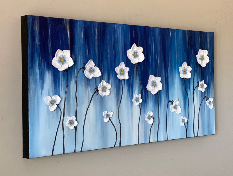 White Flower Wall Art Blue Abstract Painting Home Decor Etsy