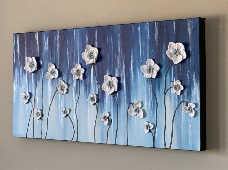 White Flower Wall Art Blue Abstract Painting Home Decor Etsy