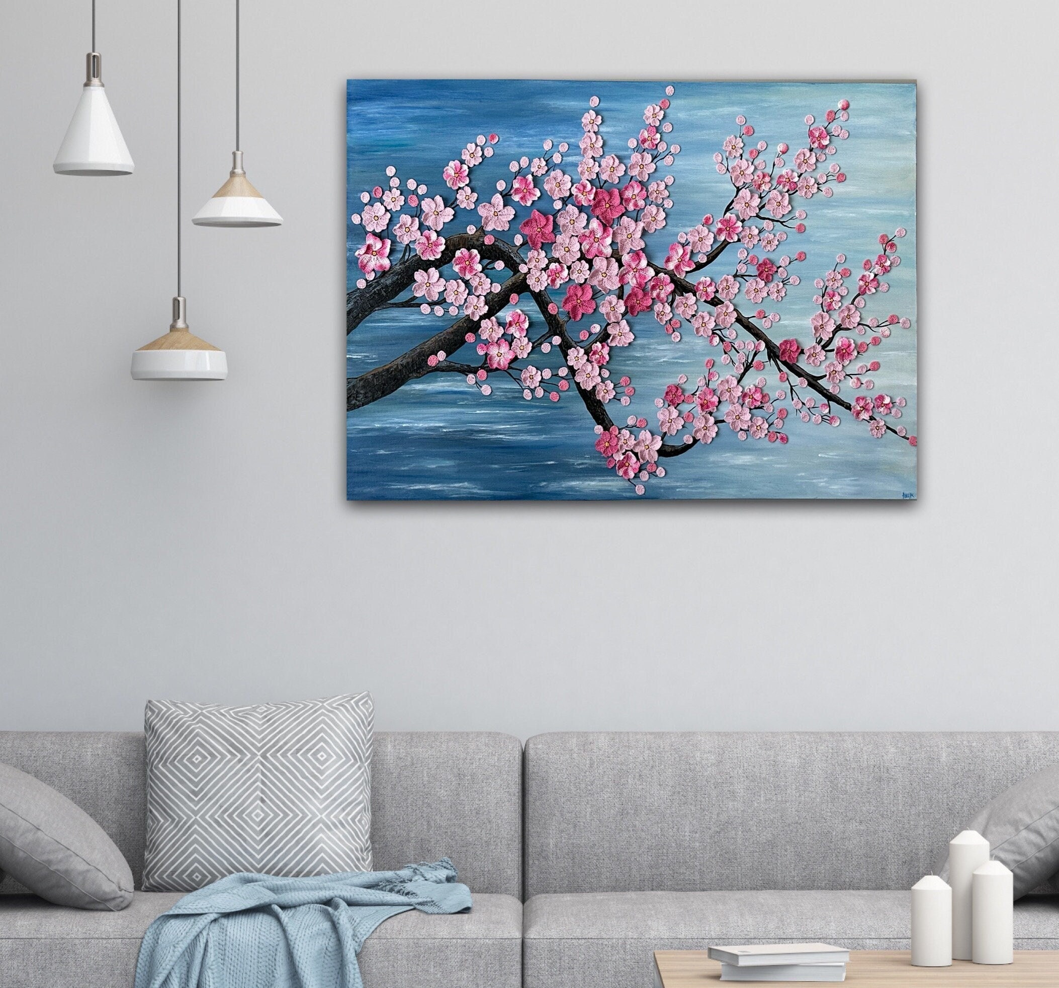 Crochet Pink Cherry Blossom Branch Painting, Japanese Sakura Tree Art