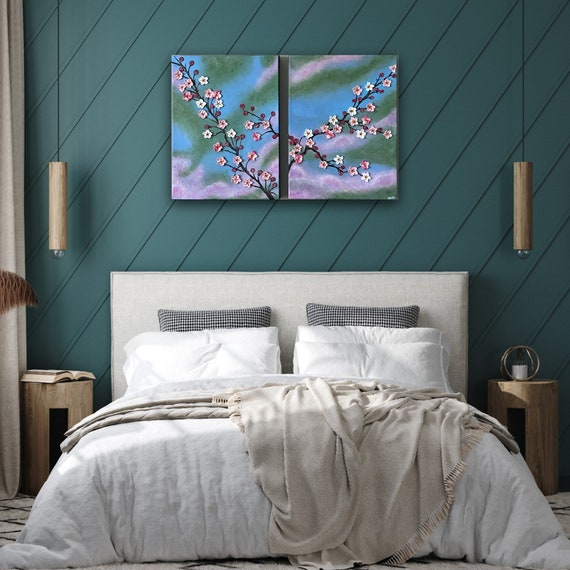 Crochet Cherry Blossom Painting Set, Original Acrylic Floral Wall