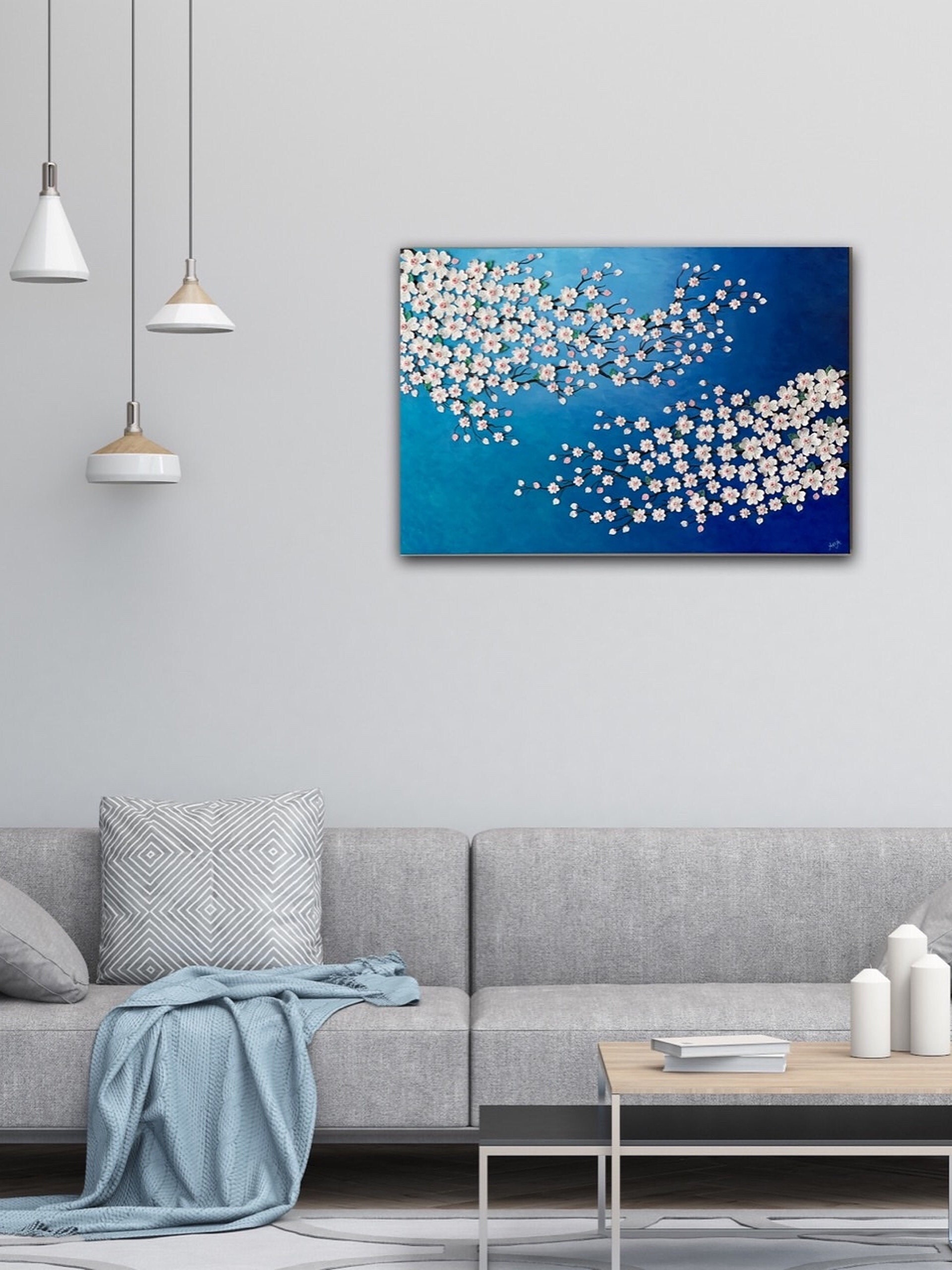 Blue Abstract Floral Painting, Crochet Dogwood Blossoms, 24x36