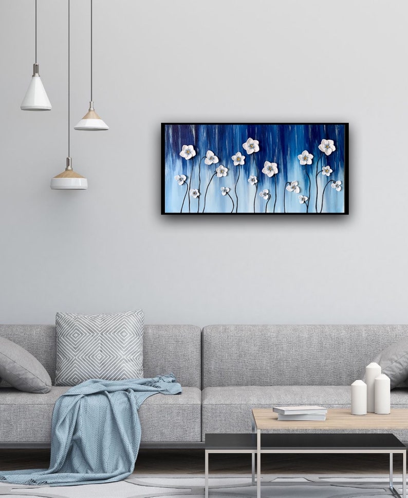 White Flower Wall Art Blue Abstract Painting Home Decor Etsy