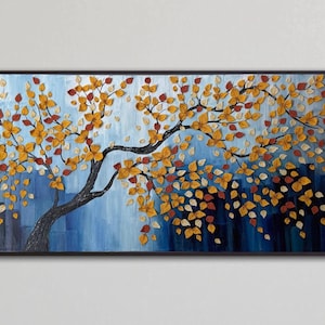 Large Abstarct Golden Yellow Tree Painting, Yellow Crochet Leaves, 3D Textured Wall Art, Original Unique Office Wall Decor.