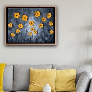 Yellow poppy, Floral art, Gray wall decor, Crochet poppy.