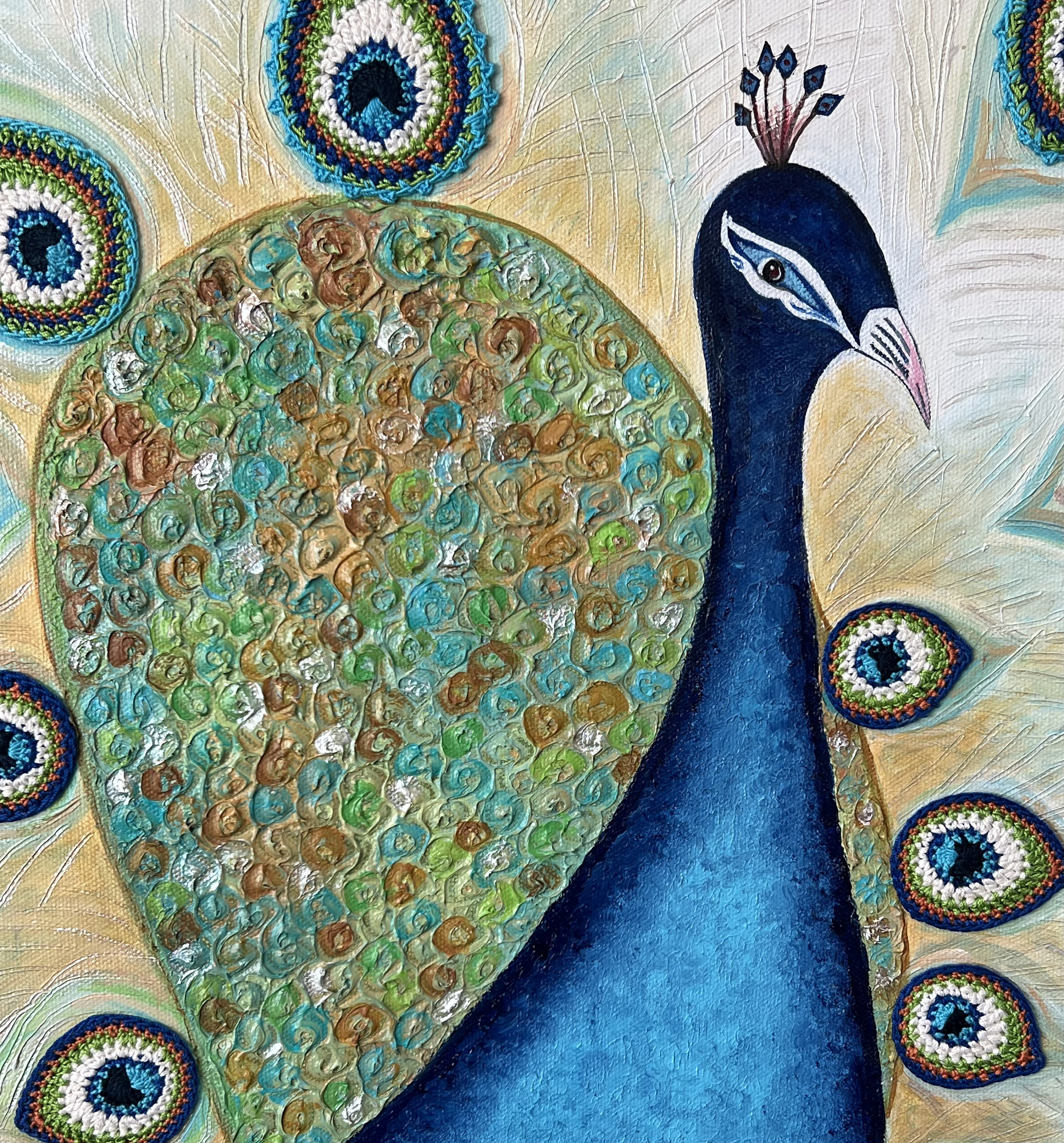 Abstract Peacock Painting, Blue and White Peacock Art, Crochet