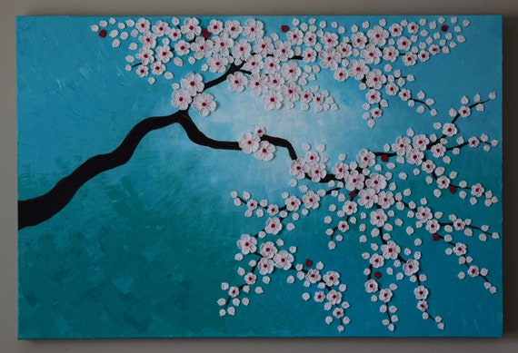 Mixed Media Artwork Crocheted White Crocheted Cherry Blossom Etsy