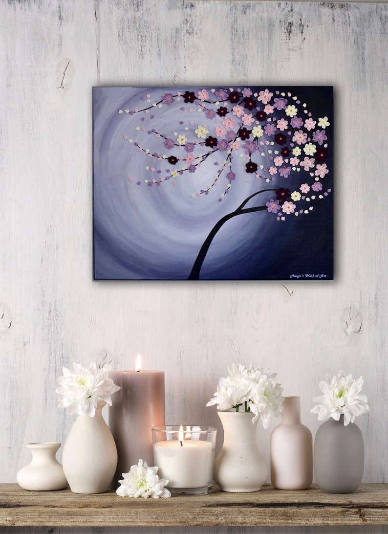 Living Room Decor. Mixed Media Artwork Pink Cherry Blossom Abstract Flower Painting