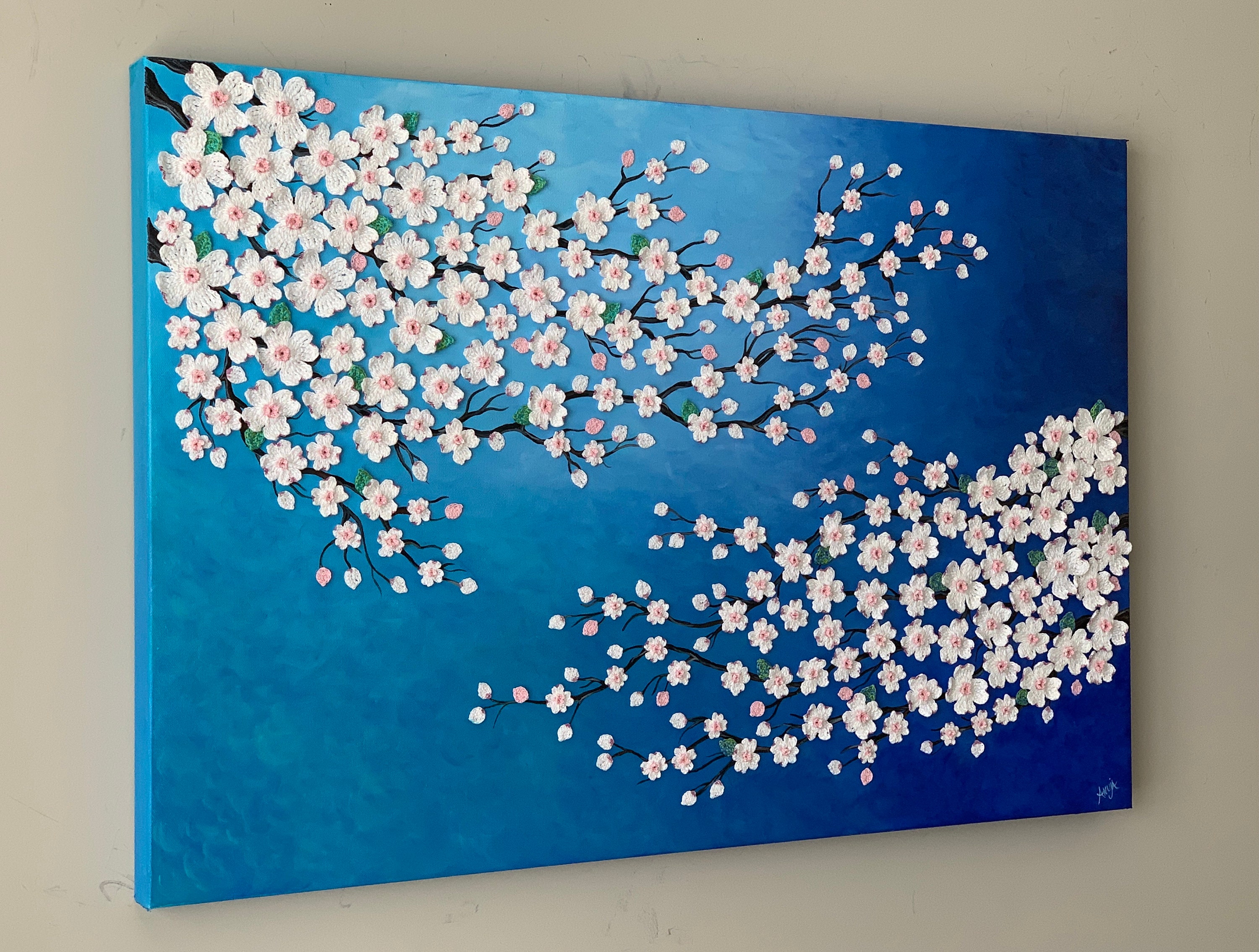 Blue Abstract Floral Painting, Crochet Dogwood Blossoms, 24x36