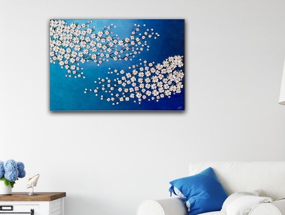 Blue Abstract Floral Painting, Crochet Dogwood Blossoms, 24x36