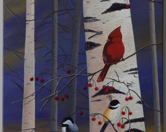 Red Cardinal, Bird Artwork, Birch Tree Painting.