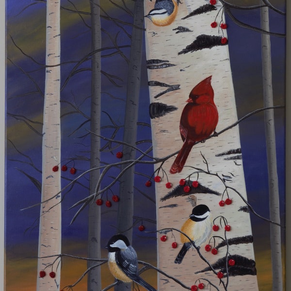 Red Cardinal, Bird Artwork, Birch Tree Painting.