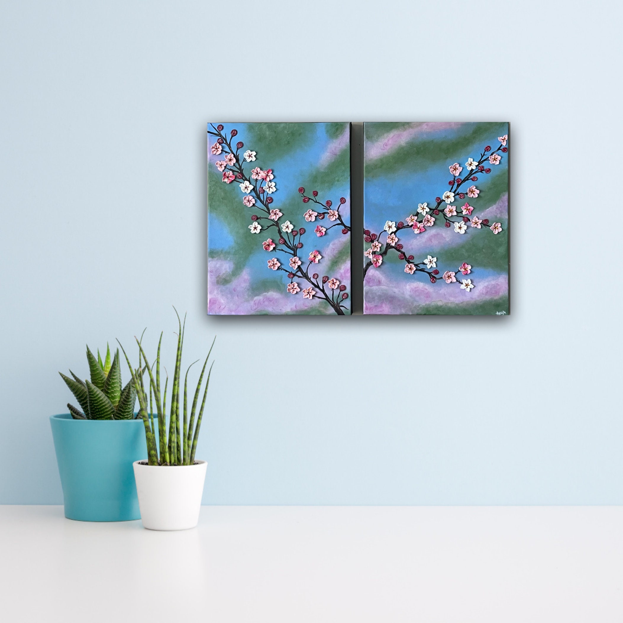 Crochet Cherry Blossom Painting Set, Original Acrylic Floral Wall
