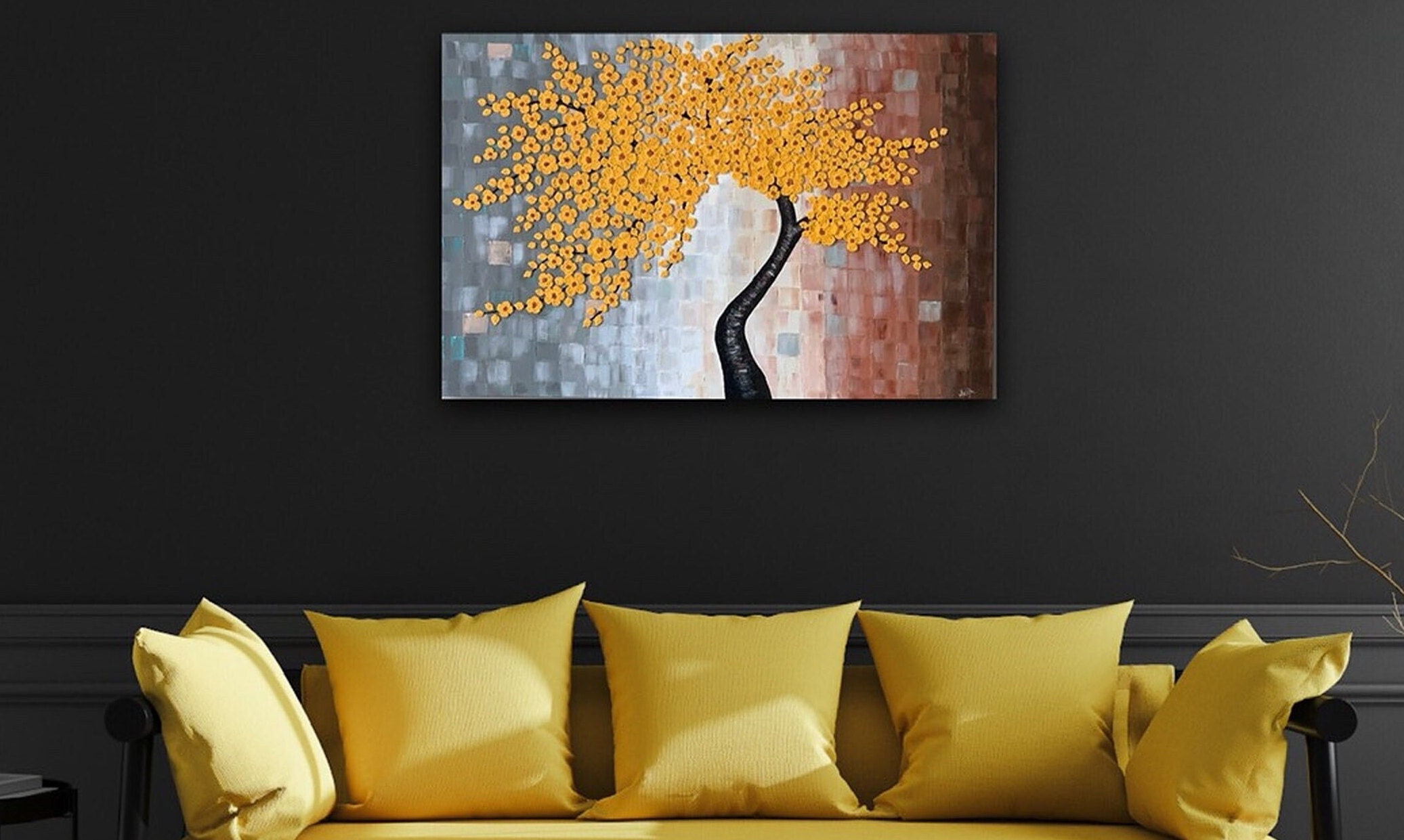 Yellow Tree Painting, Yellow Gray Wall Art, Mixed Media Art, Paint