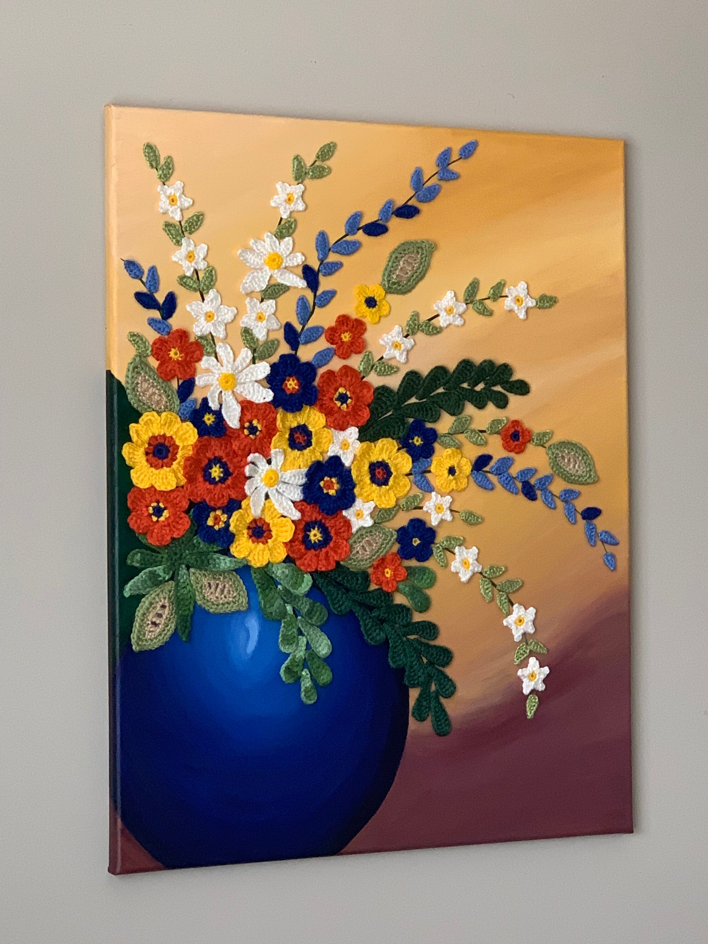 Vase of Flowers Floral Painting Blue Vase Art Mixed Media Etsy
