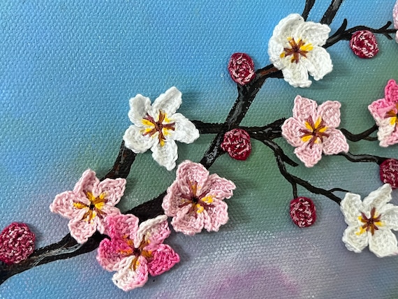 Crochet Cherry Blossom Painting Set, Original Acrylic Floral Wall
