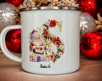 Personalised Christmas Enamel Mug: Santa Alphabet, Hot Chocolate Mug
