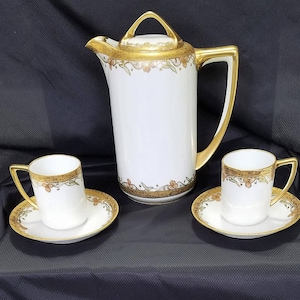 Beautiful Antique Art Nouveau style Nippon Morimura Marked Hand Painted Porcelain Chocolate Pot Set for Cocoa