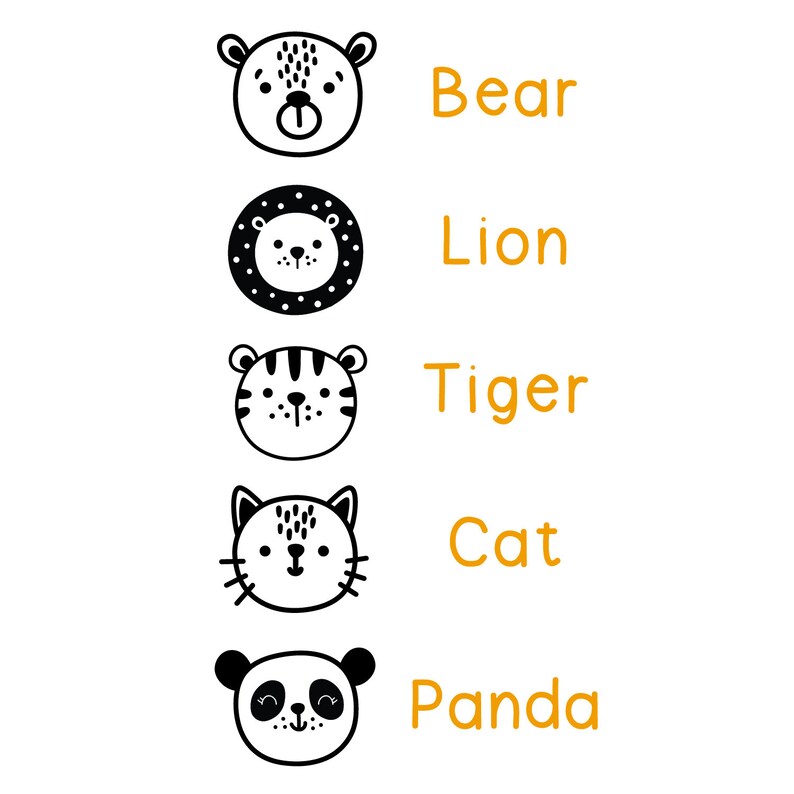 Pu&ograve; includere: Illustrazioni in bianco e nero di volti di animali, tra cui un orso, un leone, una tigre, un gatto e un panda. Ogni volto di animale &egrave; etichettato con il suo nome in testo arancione.