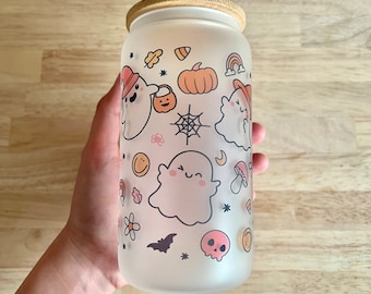Halloween Frosted Glass Can / Cute Ghost Iced Coffee Glass / Iced Coffee Cup / Beer Glass Can Cup / Glass Tumbler