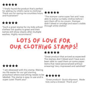 May include: Five-star reviews for a clothing stamp set. The reviews highlight the ease of use, quality of the ink, and the fast shipping. The text "Lots of Love for Our Clothing Stamps!" is displayed in red letters.