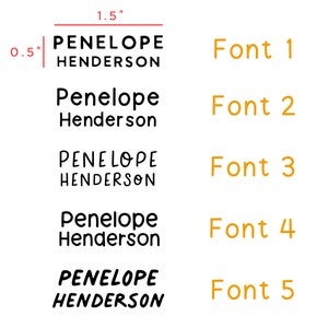 Pu&ograve; includere: Cinque diversi stili di font del nome "Penelope Henderson" in testo nero su sfondo bianco. I font sono etichettati da "Font 1" a "Font 5" in testo giallo.