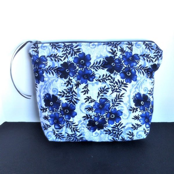 Blue Zippered Pouch, Large Make Up Bag, 9 x 7, Floral Bag, Cobalt Blue