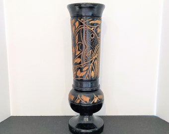 Etched Vintage Wood Vase, Folk Art Decor, Mid Century