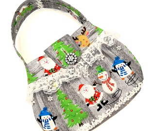 Little Girls Gray Purse, Santa Snowman Penguin, Winter Handbag