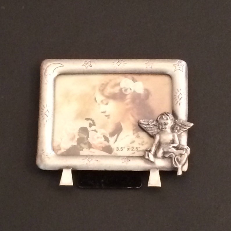 Vintage Pewter Frame Ismile Cherub Decor 2 X 3 Silver Photo Holder New Baby Gift Nursery Angel Small