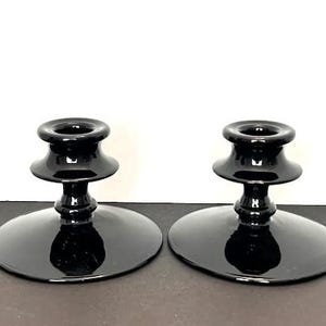 Vintage Sleek Black Glass Candle Holders, Set of Two, 3 Inch, Mid Century Modern