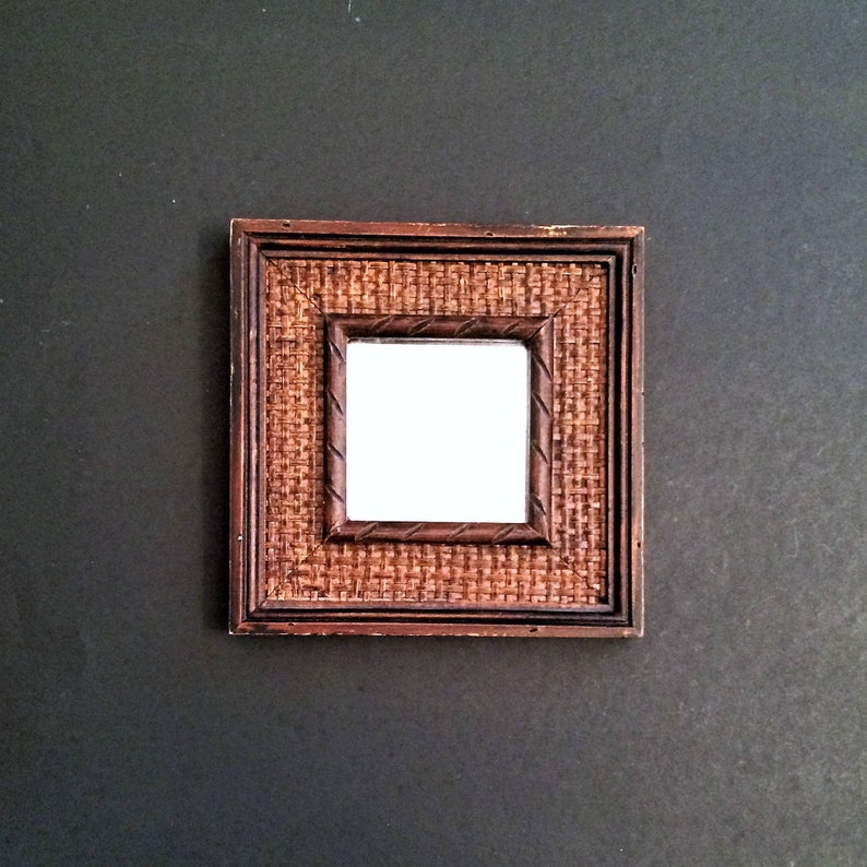 Vintage Miniature Mirror Brown Rattan Decor Accent Mini Wicker Look Tiny Wall Office