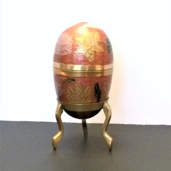Vintage Brass Cloisonne Painted Egg, Trinket Box, Egg with a Stand