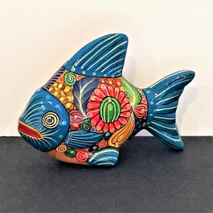 Clay Fish Figurine, Mexican Folk Art, Painted Terra Cotta