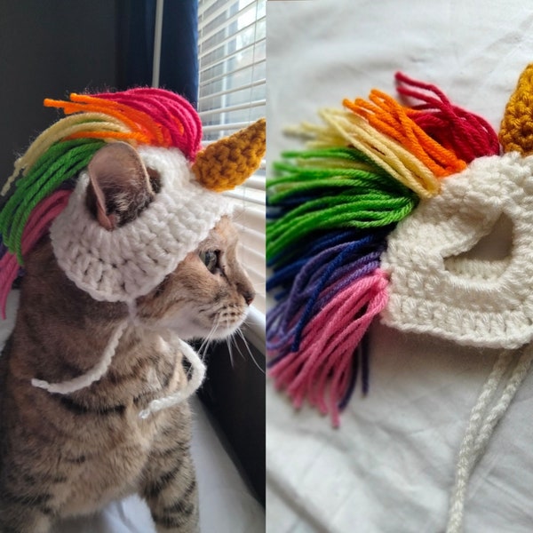 Rainbow Unicorn Hat for Cats (Handmade, Crocheted)
