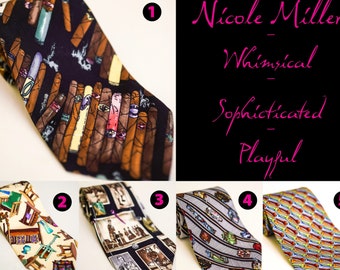 Nicole Miller Vintage 1994-1997 Silk Handmade Ties: Cigar Lover Necktie, Golfer Plus Fours, Chairs & Lamps, Travel Suitcases, Golf Tees