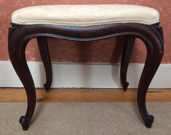 Antique Upholstered Window Stool / Window Seat / Cream Fabric / Walnut Legs / Exquisite Detail