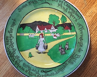 Antique 1920s ST AUGUSTINE WARE Ye Olde English Motto Plates - Set of 4 - Cottage Scene with Rabbits, Cows and Frogs English Pottery Plate