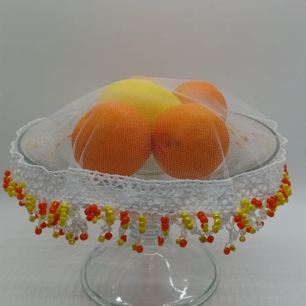 Vintage Food Cover- Fruit fly cover - Doilies  Food cover -  Beaded outdoor cover