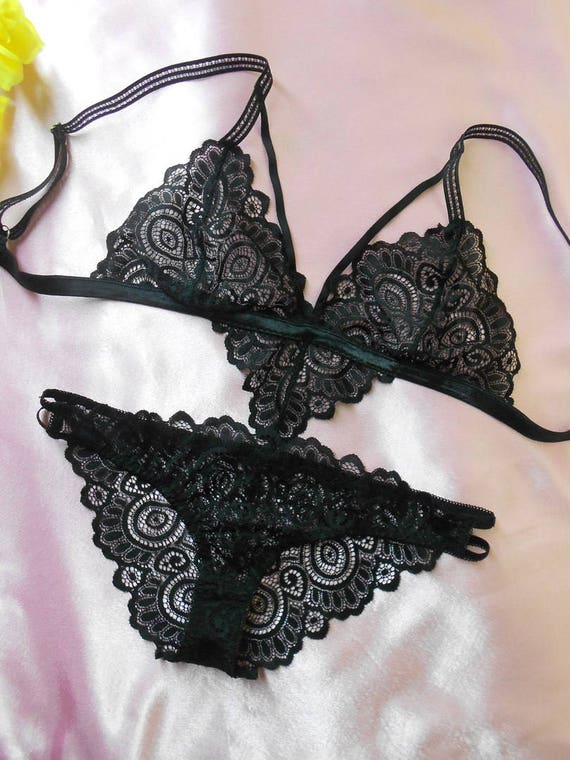 Black HANDMADE Lace lingerie set Erotic Lingerie exclusive | Etsy