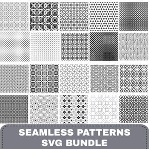 May include: A collection of twenty distinct black and white geometric seamless patterns arranged in a grid. The designs include various shapes like circles, diamonds, leaves, and interlocking lines. The text SEAMLESS PATTERNS SVG BUNDLE is visible.
