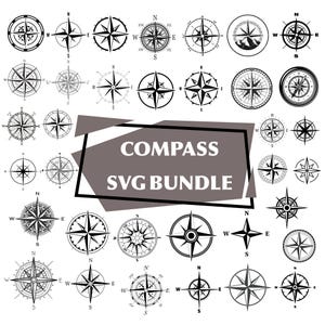 May include: A collection of black and white compass designs. The image features various compass rose illustrations, including detailed and simplified versions. The text "COMPASS SVG BUNDLE" is displayed in a gray rectangle.