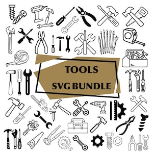 May include: Black and white line art illustration of various tools, including hammers, wrenches, pliers, screwdrivers, and a toolbox. The text "TOOLS SVG BUNDLE" is displayed in a gold-colored rectangle.