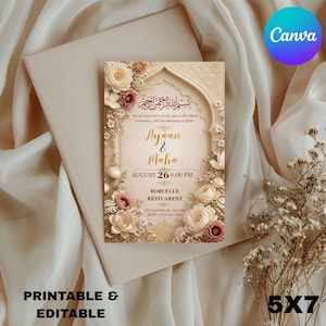 May include: A rectangular wedding invitation card featuring an arched frame design with cream and dusty rose floral accents. The text includes Bismillah, the names Ayaan & Maha, the date August 26, 6:00 PM, and the location Borcelle Restuarent.