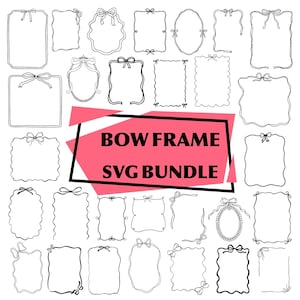 May include: A collection of black and white bow-themed frames in various shapes and sizes. The text "BOW FRAME SVG BUNDLE" is displayed on a pink background. The frames include rectangular, oval, and uniquely shaped designs, all adorned with bows.