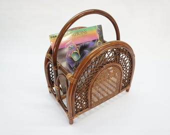 Revistero de bambú vintage / Revistero rústico de los años 70 / Soporte de vinilo de mimbre