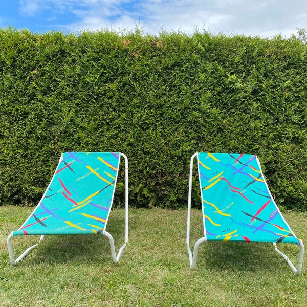 Vintage Folding Deck Chair / Retro Beach Chair / Set of 2 / Vintage Recliner Pair / Patio Chair / Camping Furniture / 70s / Van Chairs