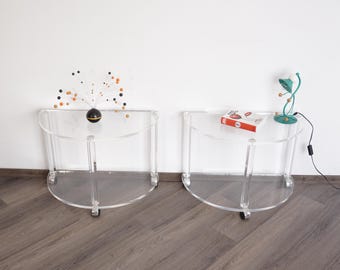Vintage Plexiglass Nightstands Pair: 80s Post Modern Side Tables on Wheels