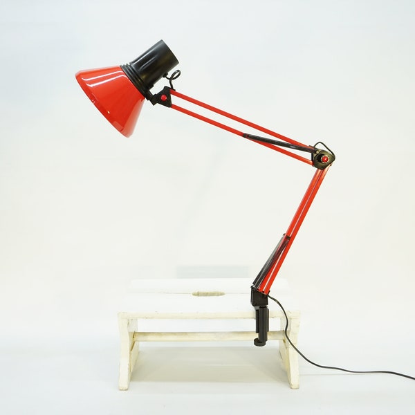 Vintage Angle Poise Style Lamp / Architect Lamp / 80s / Articulated Desk Lamp / Angle Poise Light / Industrial Lamp / Red Clamp On Lamp